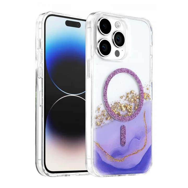 Mey İthalat®   iPhone 15 Pro Max Lotus Simli Magsafe Kapak - Mor