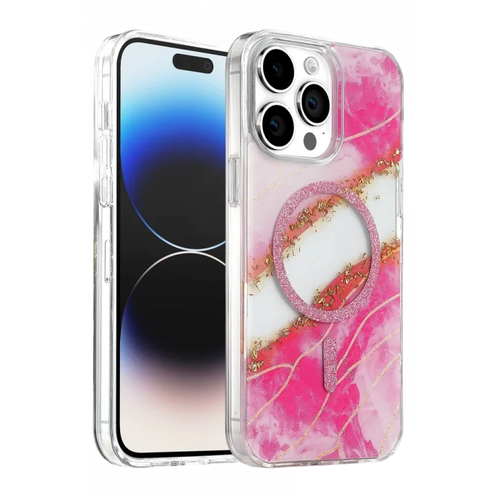 Mey İthalat®   iPhone 15 Pro Max Lotus Simli Magsafe Kapak - Pembe