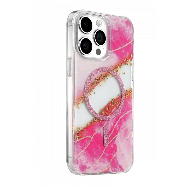 Mey İthalat®   iPhone 15 Pro Max Lotus Simli Magsafe Kapak - Pembe