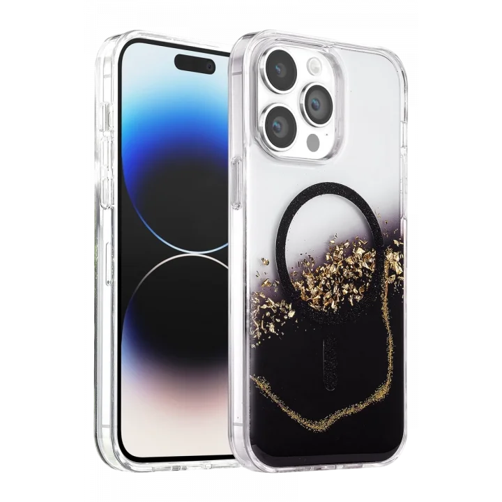 Mey İthalat®   iPhone 15 Pro Max Lotus Simli Magsafe Kapak - Siyah