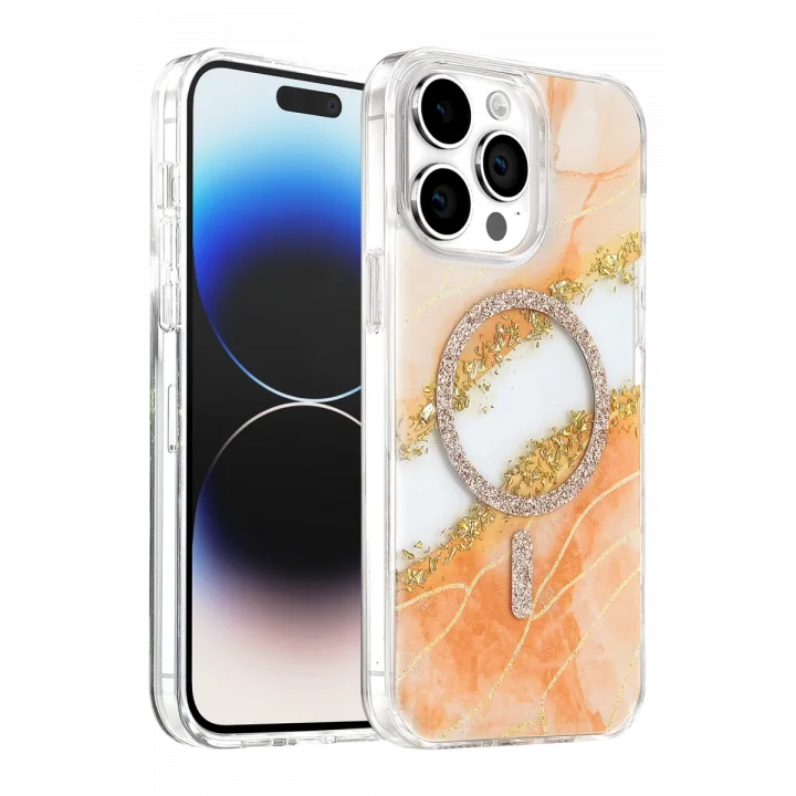 Mey İthalat®   iPhone 15 Pro Max Lotus Simli Magsafe Kapak - Turuncu