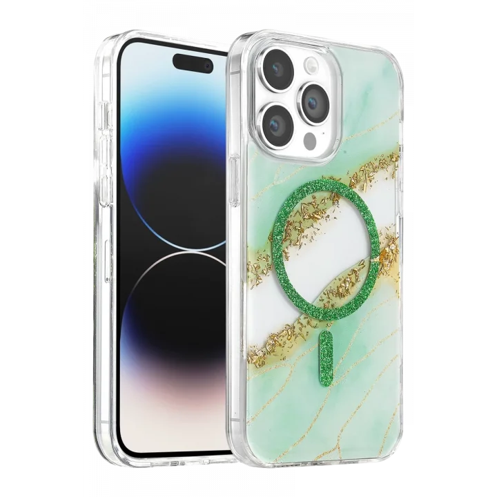 Mey İthalat®   iPhone 15 Pro Max Lotus Simli Magsafe Kapak - Yeşil