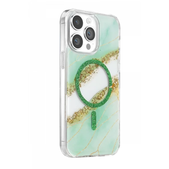 Mey İthalat®   iPhone 15 Pro Max Lotus Simli Magsafe Kapak - Yeşil