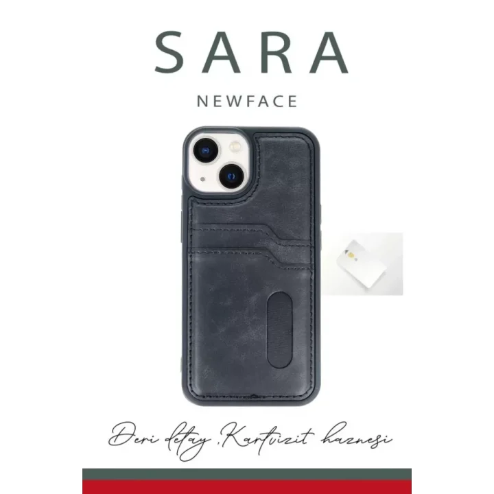 Mey İthalat®   iPhone 15 Sara Kartvizitli Deri Kılıf - Lacivert