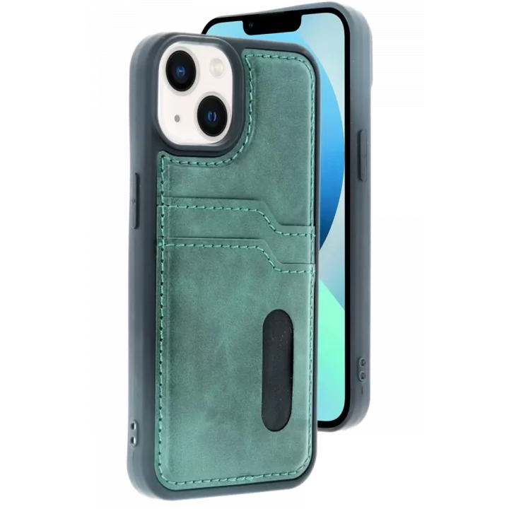 Mey İthalat®   iPhone 15 Sara Kartvizitli Deri Kılıf - Yeşil