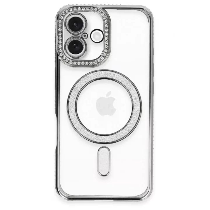 Mey İthalat®   iPhone 16 Kılıf Joke Simli Magneticsafe Kılıf - Gri