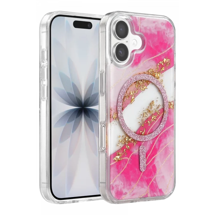 Mey İthalat®   iPhone 16 Lotus Simli Magsafe Kapak - Pembe