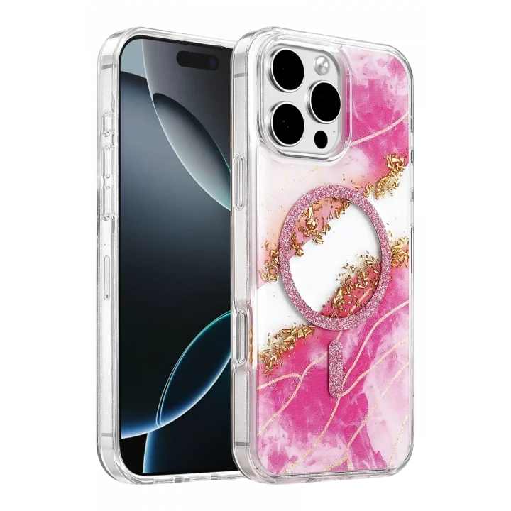 Mey İthalat®   iPhone 16 Pro Max Lotus Simli Magsafe Kapak - Pembe