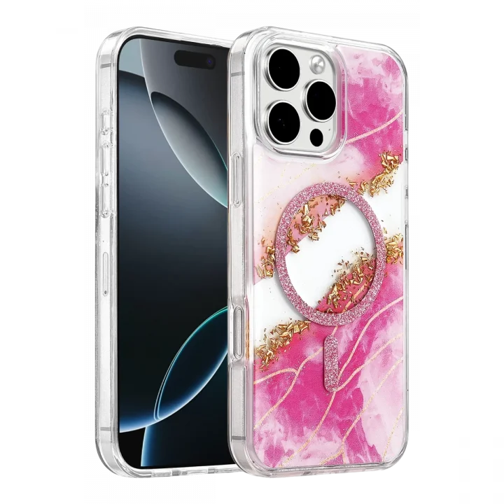 Mey İthalat®   iPhone 16 Pro Max Lotus Simli Magsafe Kapak - Pembe