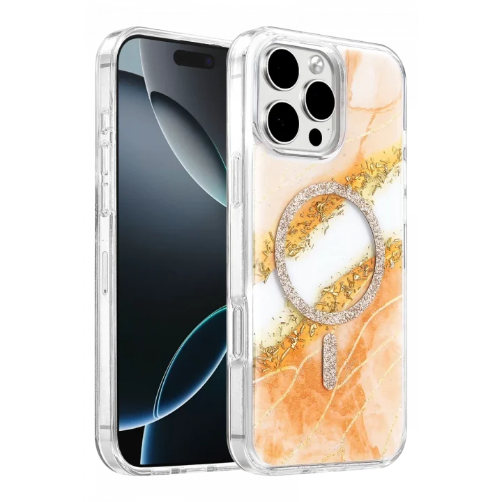 Mey İthalat®   iPhone 16 Pro Max Lotus Simli Magsafe Kapak - Turuncu