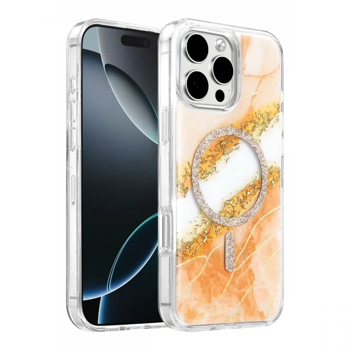 Mey İthalat®   iPhone 16 Pro Max Lotus Simli Magsafe Kapak - Turuncu