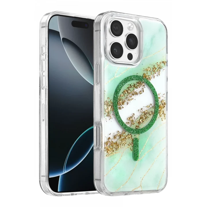 Mey İthalat®   iPhone 16 Pro Max Lotus Simli Magsafe Kapak - Yeşil