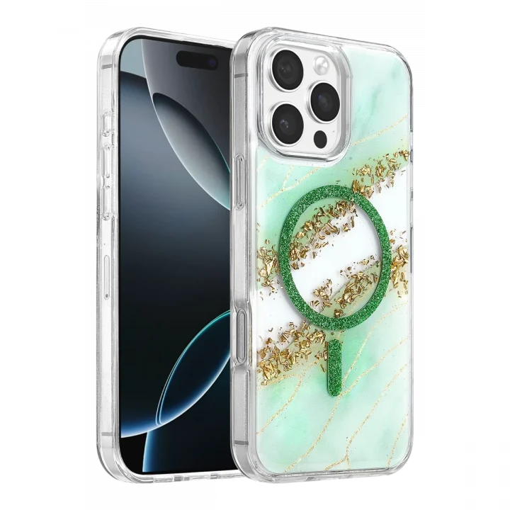 Mey İthalat®   iPhone 16 Pro Max Lotus Simli Magsafe Kapak - Yeşil