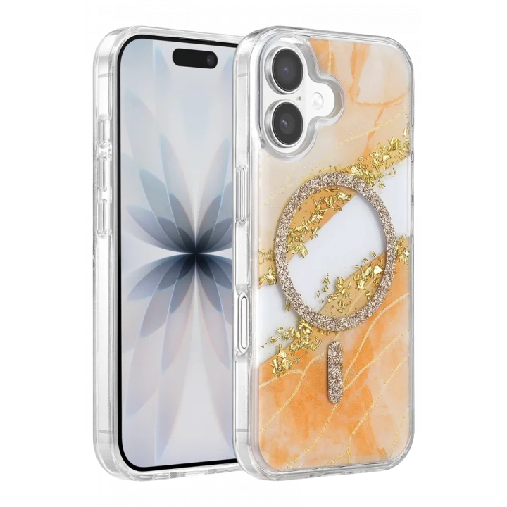 Mey İthalat®   iPhone 17 Lotus Simli Magsafe Kapak - Turuncu