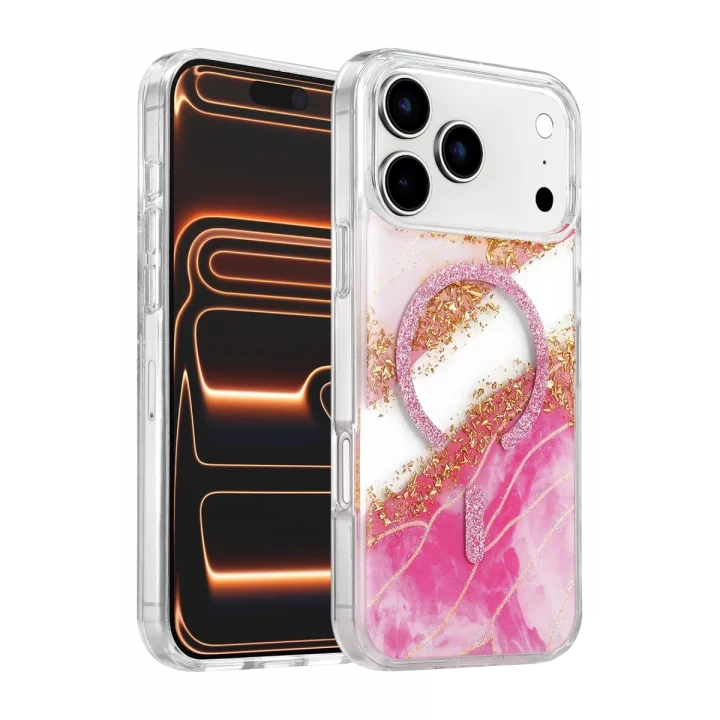 Mey İthalat®   iPhone 17 Pro Lotus Simli Magsafe Kapak - Pembe