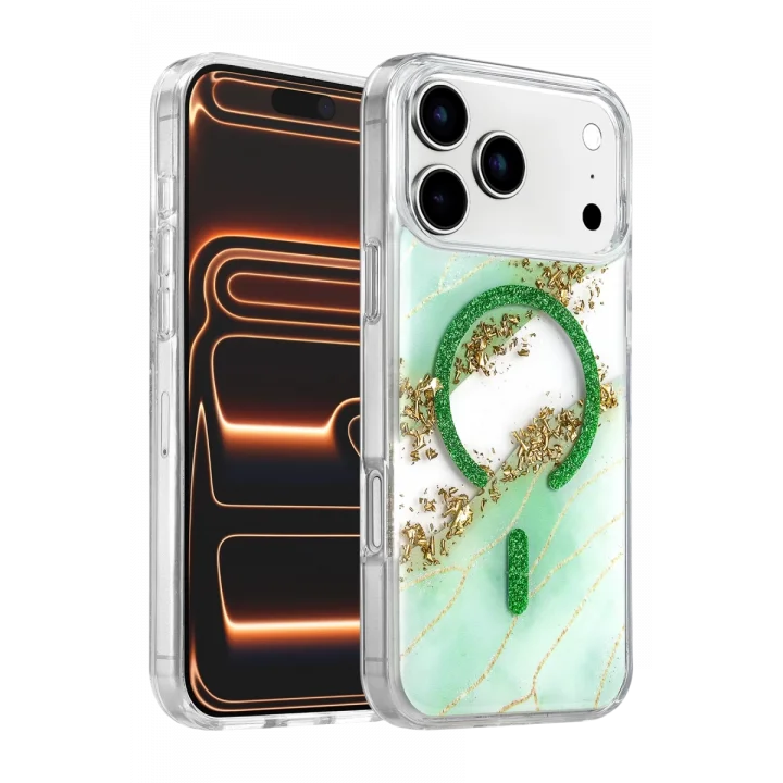Mey İthalat®   iPhone 17 Pro Max Lotus Simli Magsafe Kapak - Yeşil