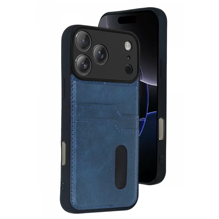 Mey İthalat®   iPhone 17 Pro Max Sara Kartvizitli Deri Kılıf - Lacivert