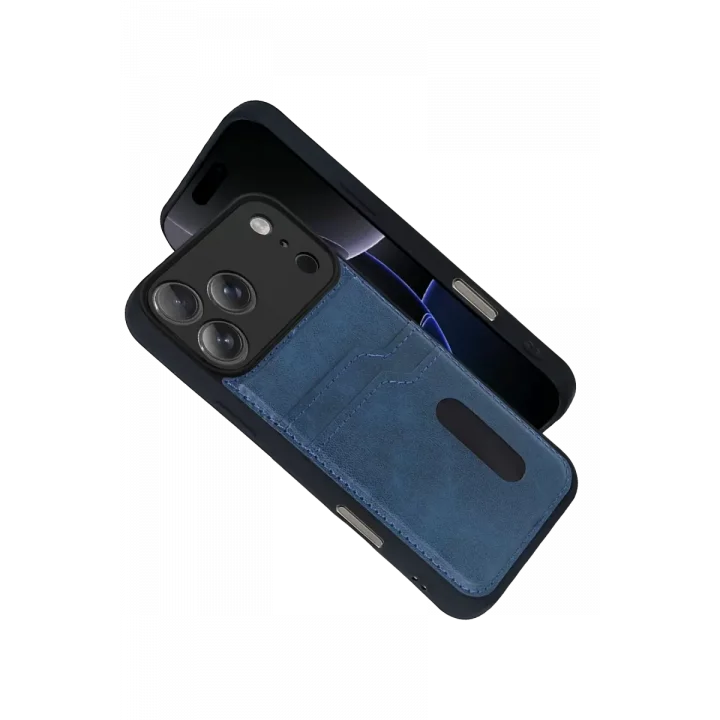 Mey İthalat®   iPhone 17 Pro Max Sara Kartvizitli Deri Kılıf - Lacivert