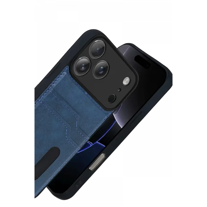 Mey İthalat®   iPhone 17 Pro Max Sara Kartvizitli Deri Kılıf - Lacivert