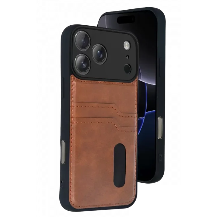 Mey İthalat®   iPhone 17 Pro Max Sara Kartvizitli Deri Kılıf - Taba