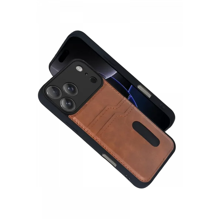 Mey İthalat®   iPhone 17 Pro Max Sara Kartvizitli Deri Kılıf - Taba