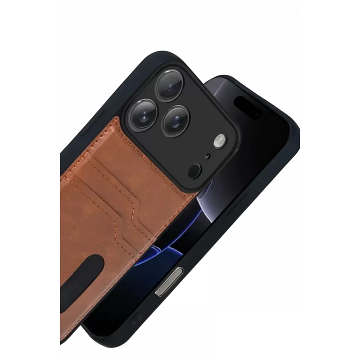 Mey İthalat®   iPhone 17 Pro Max Sara Kartvizitli Deri Kılıf - Taba