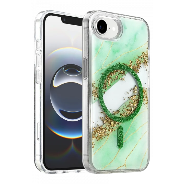 Mey İthalat®   iPhone 17E Lotus Simli Magsafe Kapak - Yeşil