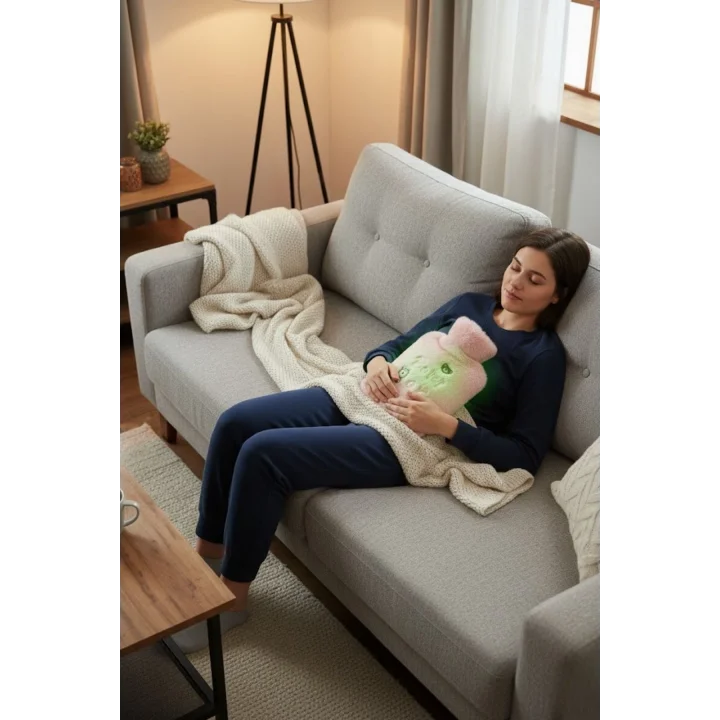 Mey İthalat® Işıklı Ayıcıklı Figürlü Pembe Peluş Sıcak Su Torbası 1 Lt – Yumuşak Kılıf, Uzun Süre Sıcak Tutan Termal Su Torbası