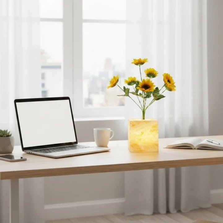 Mey İthalat® Işıklı Yapay Çiçek – Sarı Saksılı LED Dekoratif Bitki, Masaüstü ve Ev Ofis Aydınlatmalı Süs Bitkisi