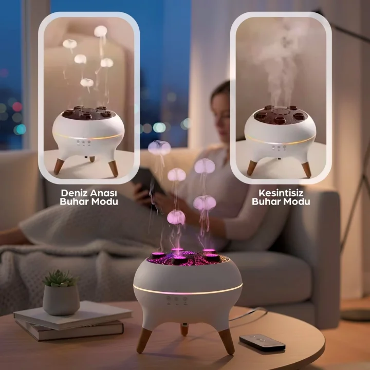 Mey İthalat® Jellyfish Ultrasonik Hava Nemlendirici – Deniz Anası Tasarımlı, Kumandalı, LED Işıklı ve Sese Duyarlı Ritim Modlu Buhar Makinesi