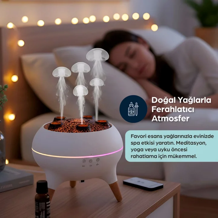 Mey İthalat® Jellyfish Ultrasonik Hava Nemlendirici – Deniz Anası Tasarımlı, Kumandalı, LED Işıklı ve Sese Duyarlı Ritim Modlu Buhar Makinesi
