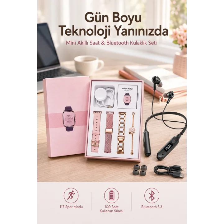 Mey İthalat® Kablolu Bluetooth Kulaklık ve Kadınlara Özel Bileklik Hediyeli Yeni Nesil Akıllı Saat 3 Kordonlu