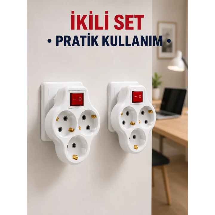Mey İthalat® Kablosuz 3’lü Priz Çoklayıcı Açma Kapama Anahtarlı Duvar Tipi 2 Adet Set