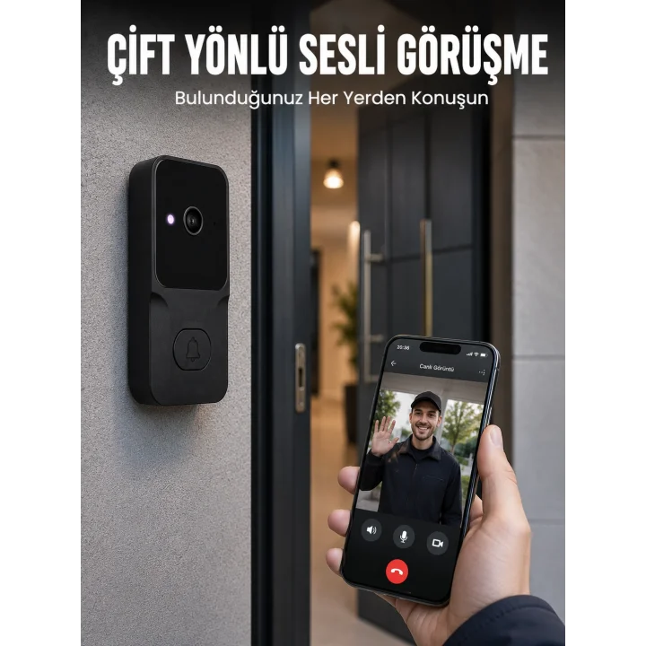 Mey İthalat® Kablosuz Akıllı Kapı Zili Gece Görüşlü Wi-Fi Güvenlik Kameralı Kapı Zili