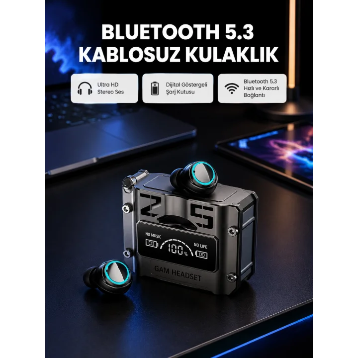 Mey İthalat® Kablosuz Bluetooth 5.3 Kulaklık – Aktif Gürültü Engelleme ve Gecikmesiz Oyun Modu
