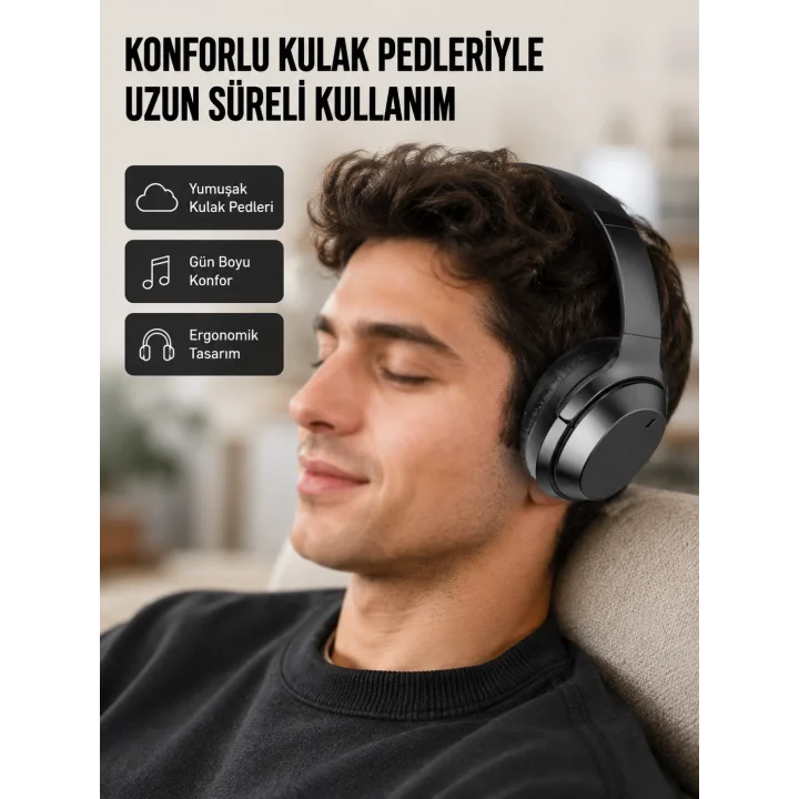 Mey İthalat® Kablosuz Bluetooth Kulaklık 5.0 18 Saat Kullanım Dinamik Sürücü Siyah Yeni Nesil