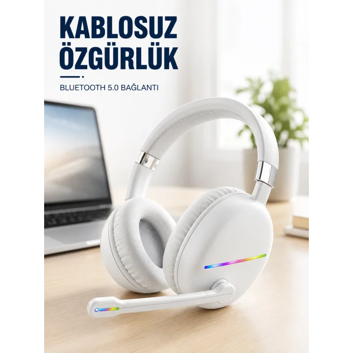 Mey İthalat® Kablosuz Bluetooth Mikrofonlu Beyaz Kulaklık  RGB Işıklı