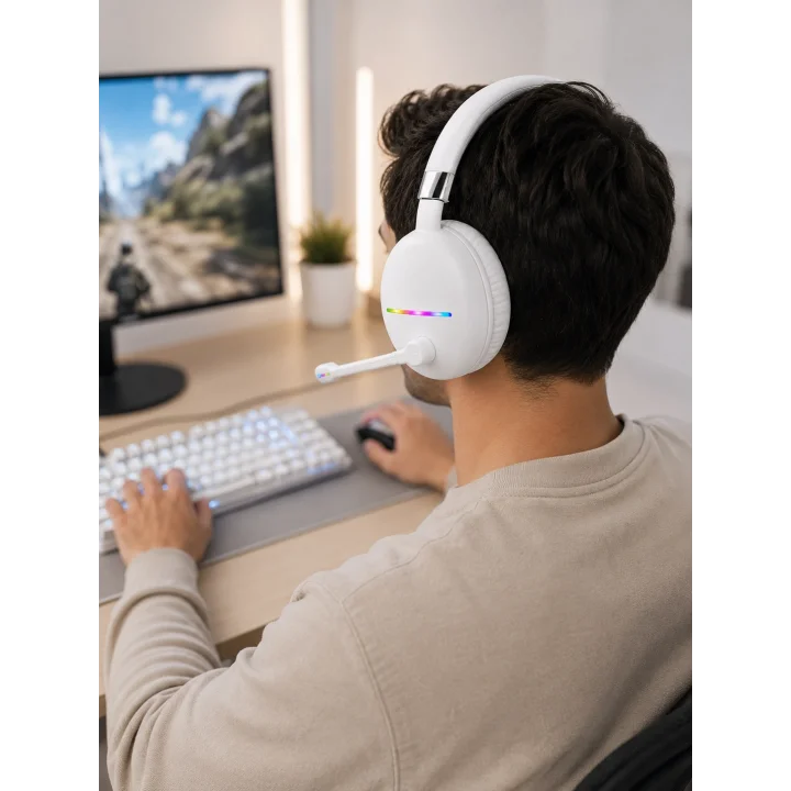 Mey İthalat® Kablosuz Bluetooth Mikrofonlu Beyaz Kulaklık  RGB Işıklı