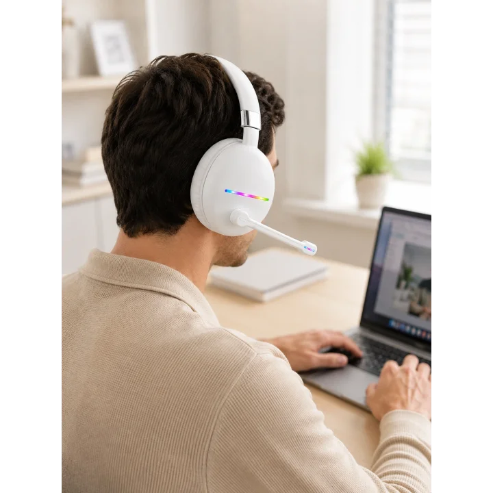 Mey İthalat® Kablosuz Bluetooth Mikrofonlu Beyaz Kulaklık  RGB Işıklı