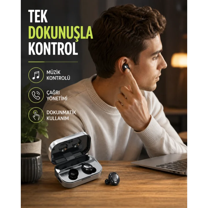 Mey İthalat® Kablosuz Kulak İçi Bluetooth Kulaklık – Dokunmatik Kontrol ve LED Şarj Ekranı