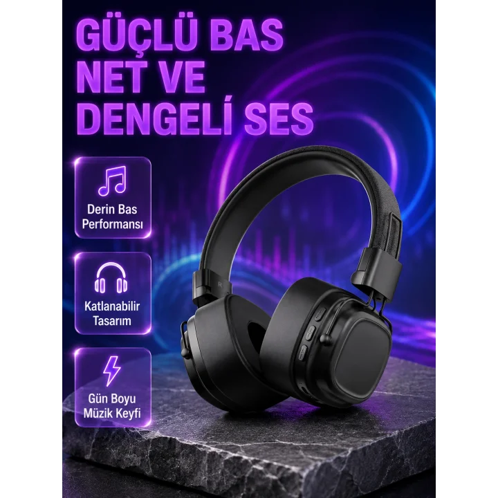 Mey İthalat® Kablosuz Kulak Üstü Bluetooth Kulaklık Güçlü Bas ve Katlanabilir Tasarım