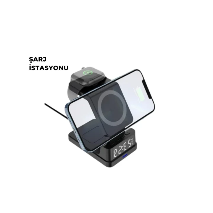 Mey İthalat® Kablosuz Şarj İstasyonu ve Dijital Saat, 3 Kademeli Işık Ayarı