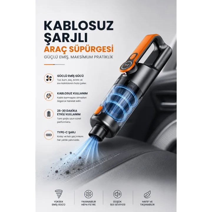 Mey İthalat® Kablosuz Şarjlı Araç ve Ev Tipi El Süpürgesi