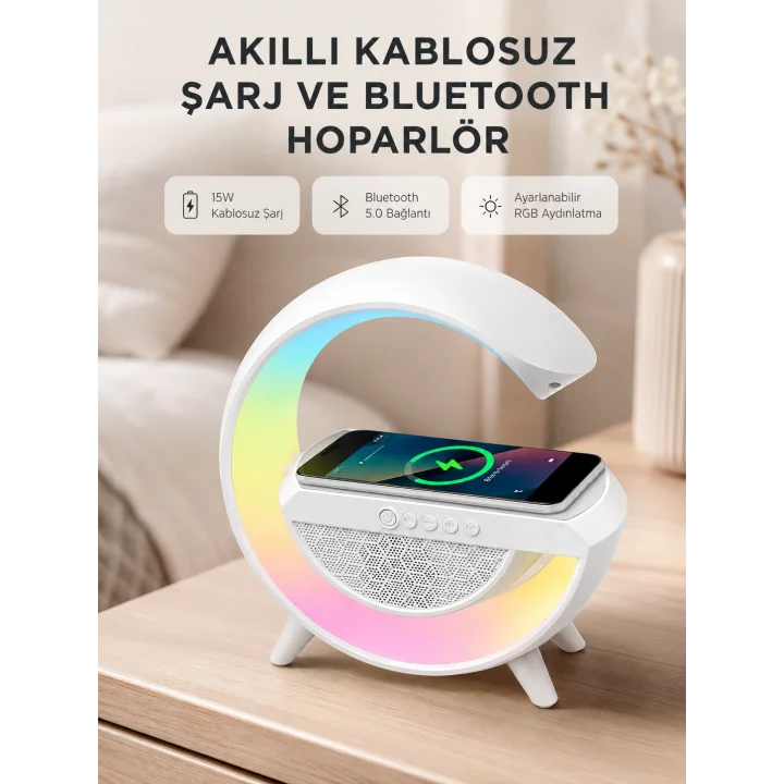 Mey İthalat® Kablosuz Şarjlı Bluetooth Hoparlör ve Gece Lambası – NFC, FM Radyo, RGB Işık