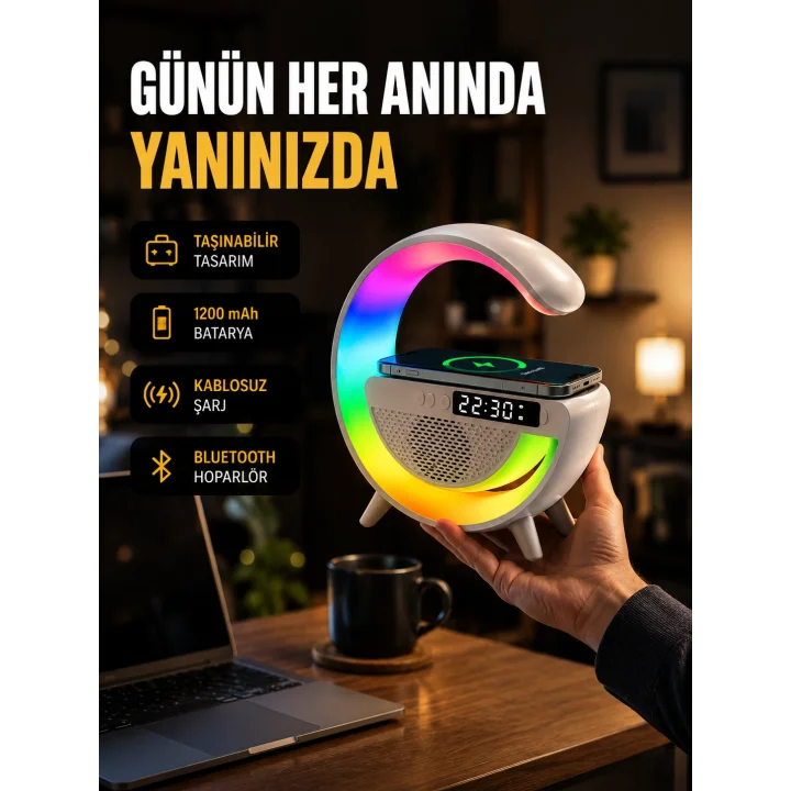 Mey İthalat® Kablosuz Şarjlı LED Masa Lambası Çalar Saat ve Beyaz Gürültü Özellikli