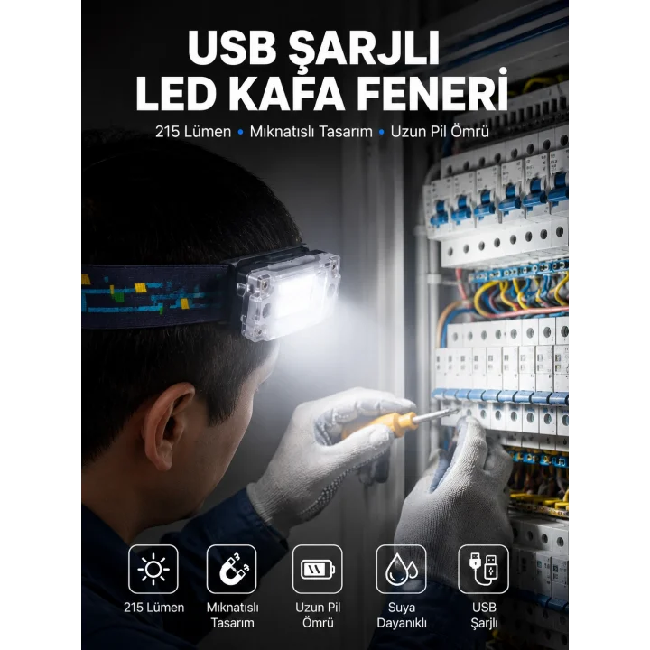 Mey İthalat® Kafa Lambası Led Fener Pratik Taşınabilir Ayarlanabilir USB Şarjlı