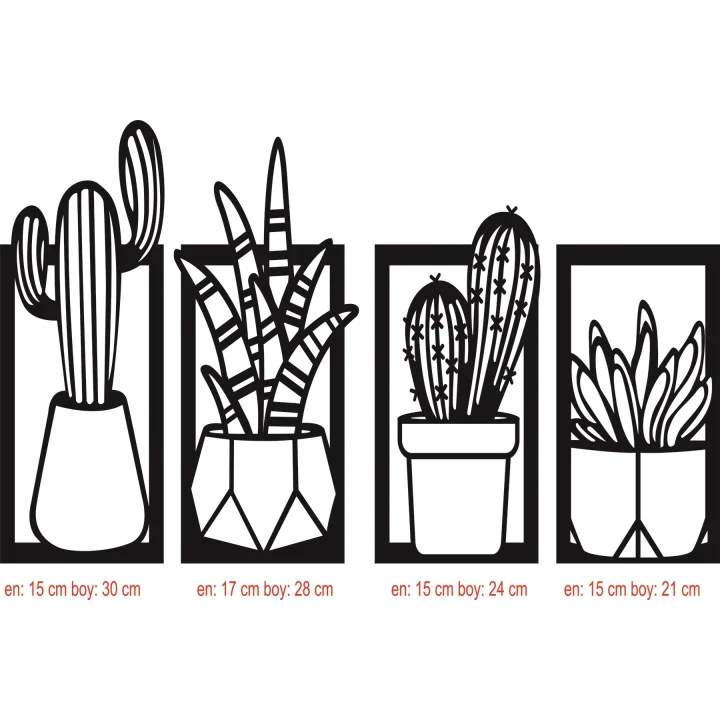 Mey İthalat® Kaktüs Çerçeve Serisi – Ahşap Duvar Dekoru (4’lü Set)