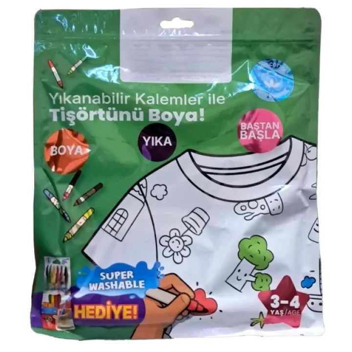 Mey İthalat® Kalem Hediyeli Boyanabilir Tişört 3-4 Yaş