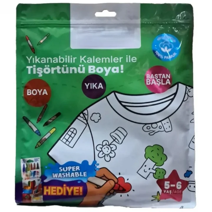 Mey İthalat® Kalem Hediyeli Boyanabilir Tişört 5-6 Yaş