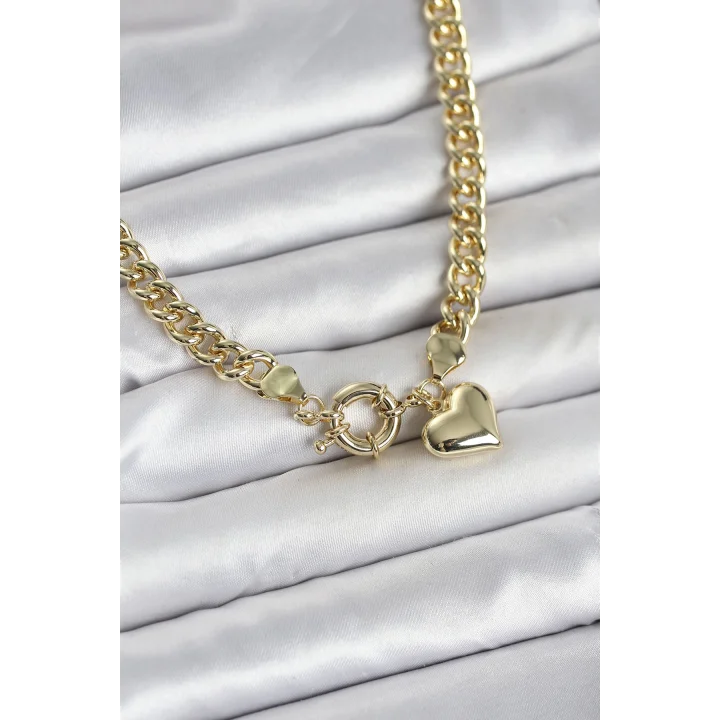 Mey İthalat® Kalp Detaylı Gold Renk Pirinç Kadın Kolye